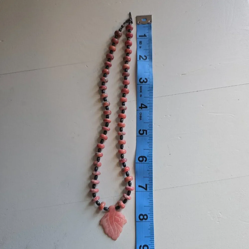 Natural Pink Rhodochrosite Etched Leaf Stone Beaded Necklace 15" - Picture 15 of 15